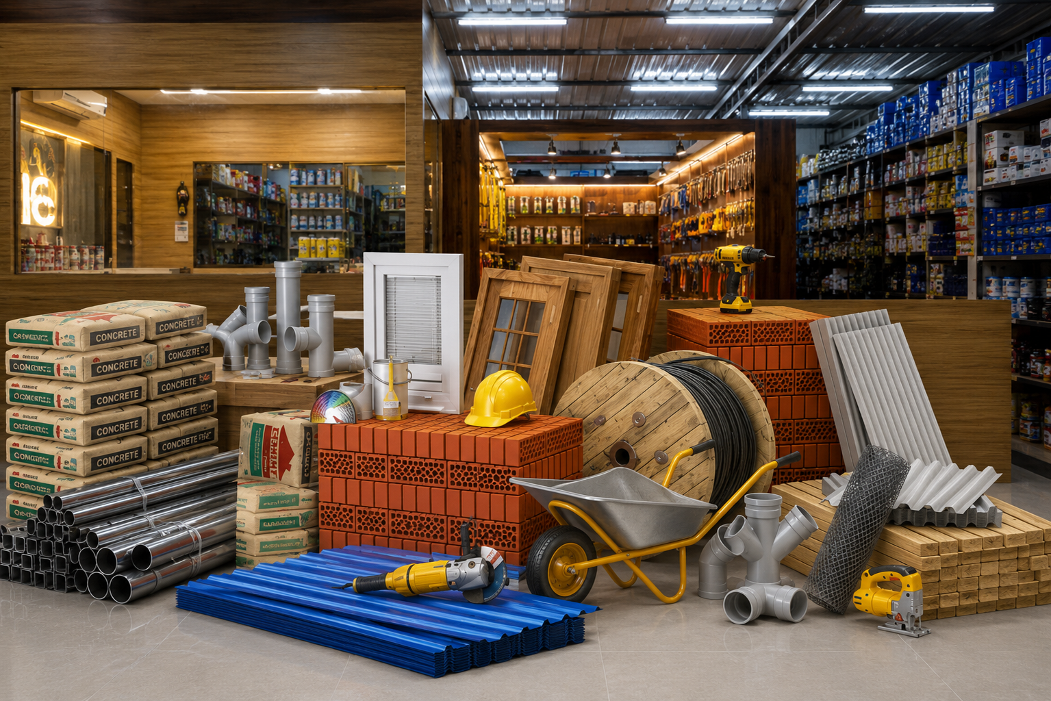 Building material and finishing products on display